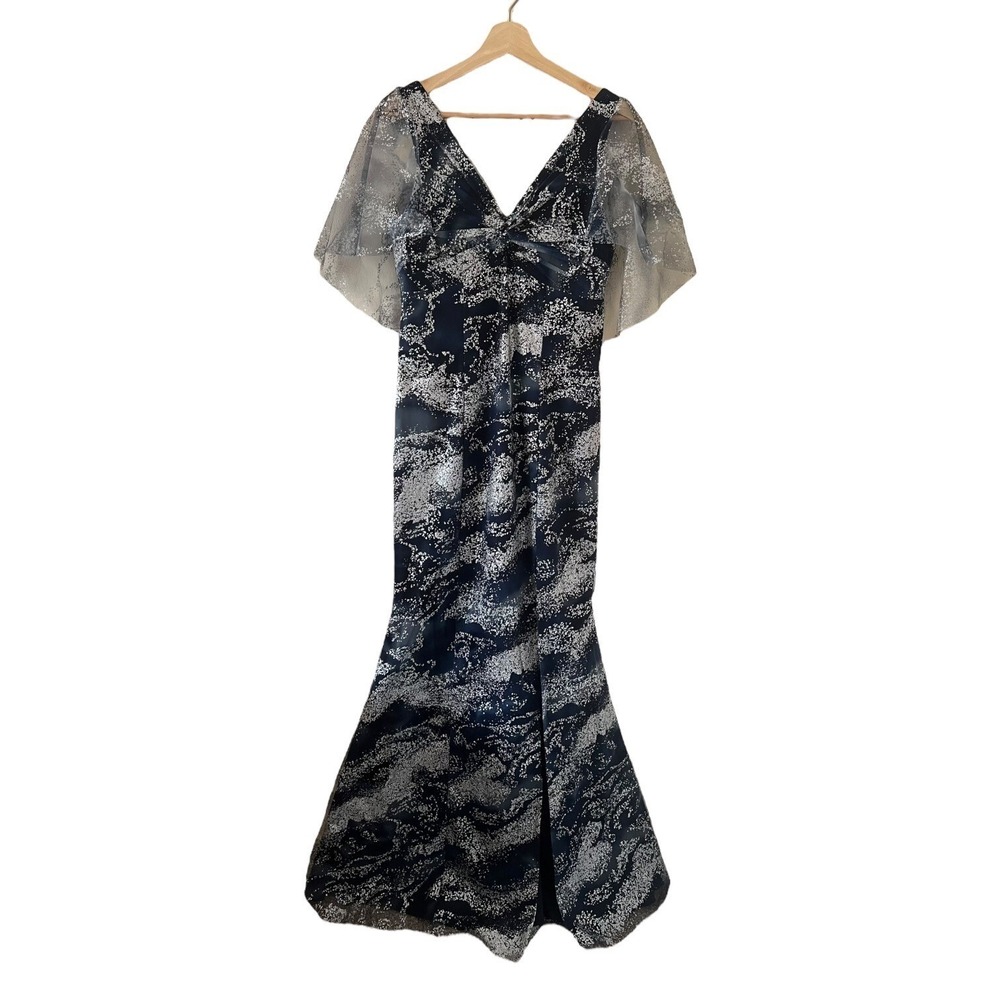 Marchesa Notte Glitter Side Slit Maxi Gown Navy Silver 6 Mother of the Bride